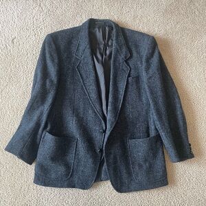 Harris Tweed Navy Blazer With Navy Suede Elbow Patches And Leather Buttons